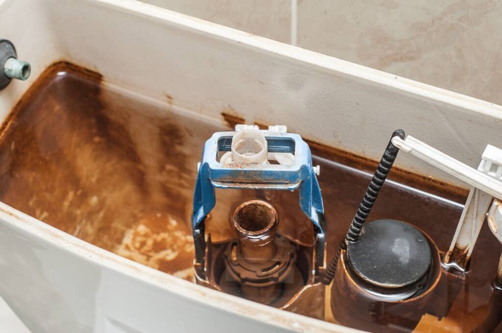 Brown water in your toilet tank is caused by rusted out tank parts. 