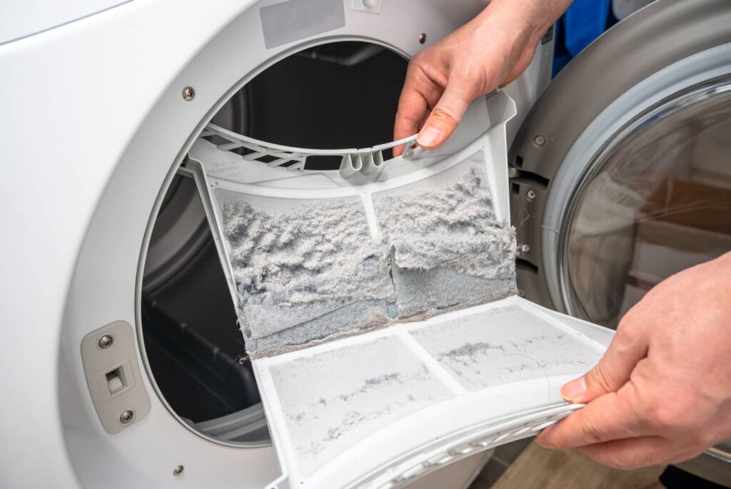 Lint in a dryer needs to be cleaned out for maintenance in a ventless dryer.