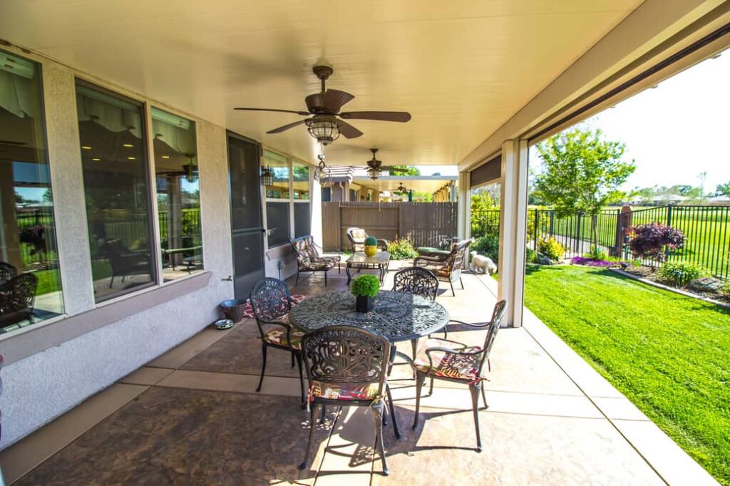 Patio cover on a home built to provide shade.