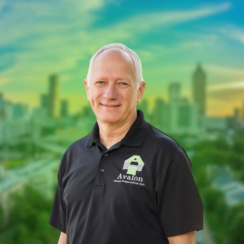 A smiling male home inspector wearing a black polo shirt with the Avalon Home Inspections Inc. logo, set against a blurred city skyline background.