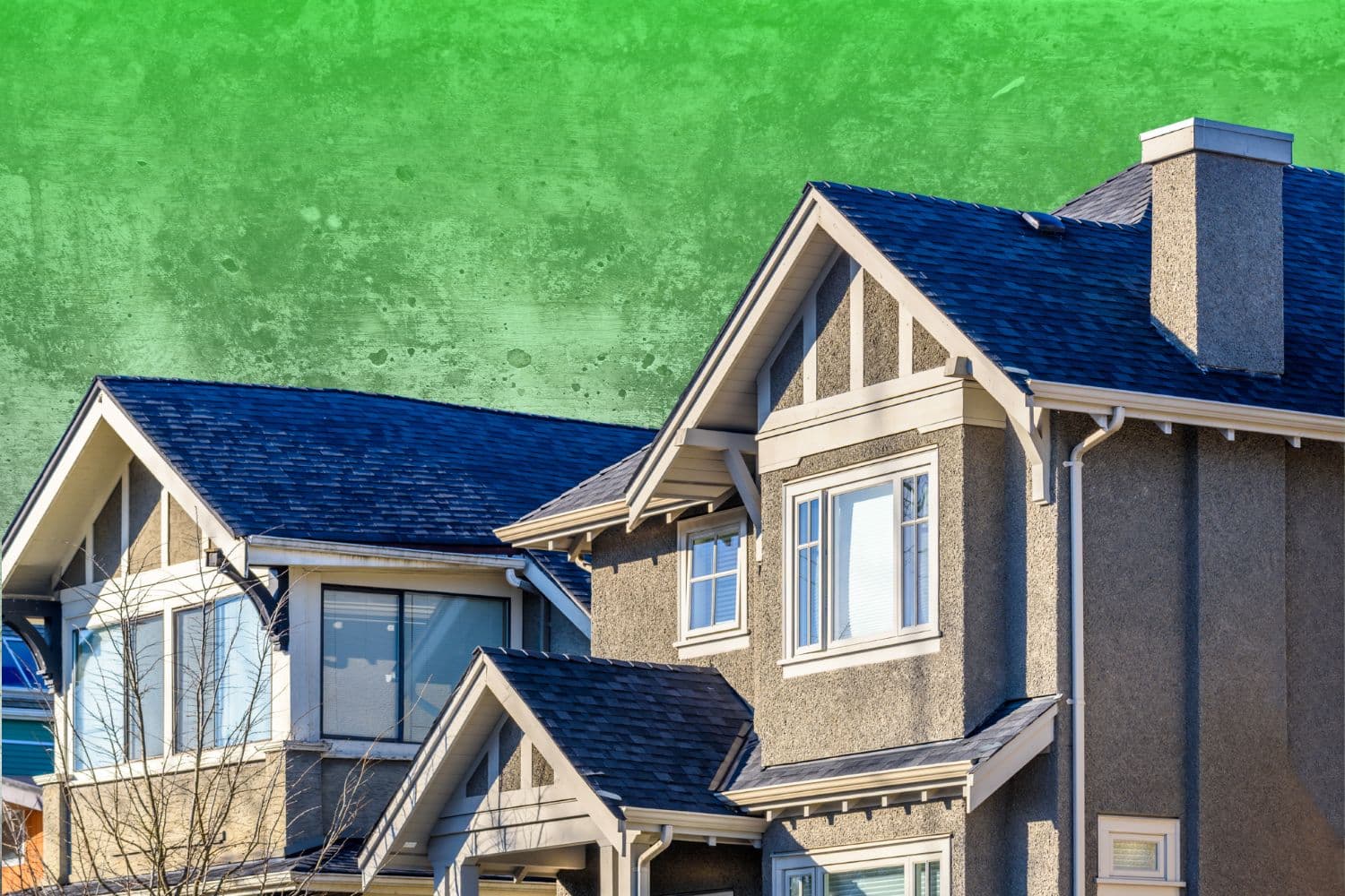 Exterior view of a multi-story modern stucco home set against a textured, mottled bright green background.